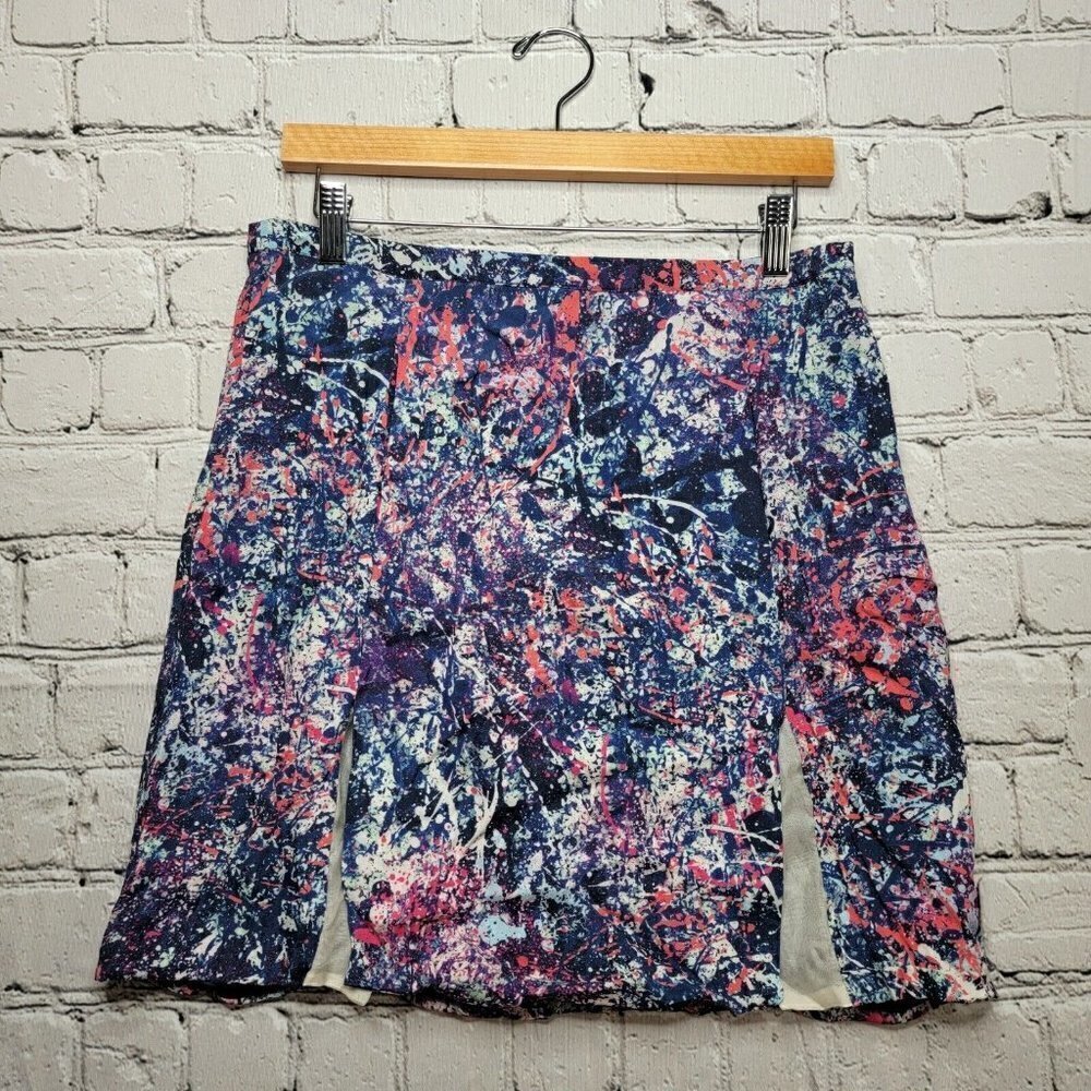 Vintage Nonoo Mulitcolor Splatter Slit‎ Accent Mini Skirt Size 8